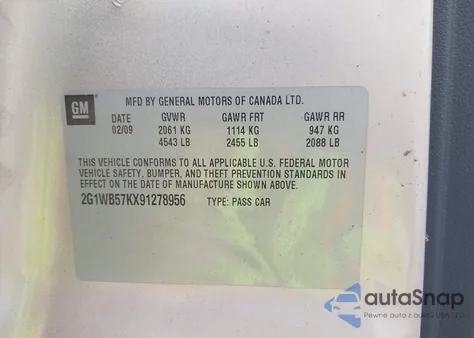 2009 Chevrolet Impala Ls z USA, uszkodzony, nr VIN 2G1WB57KX91278956